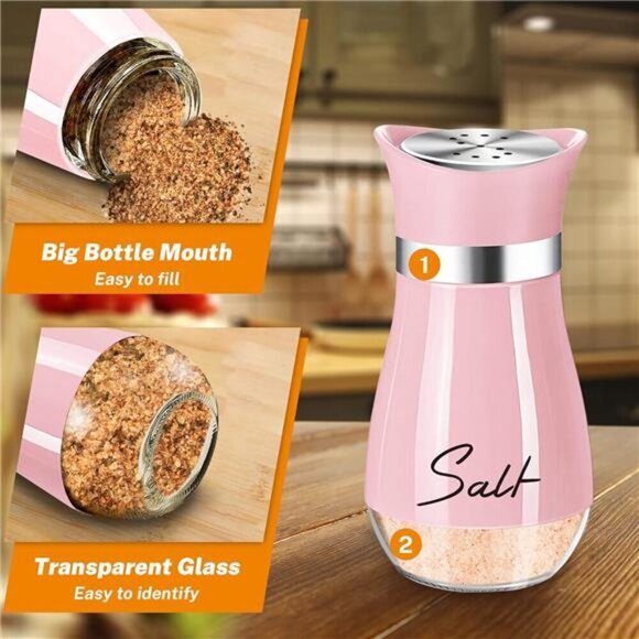 Pink Glass Salt and Pepper Shakers Set 4oz Stainless Steel Lid Farmhouse Kitchen - Picture 2 of 7